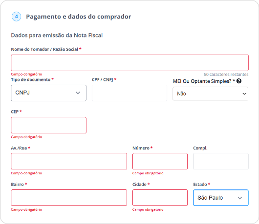 Instruções para emissão de nota fiscal